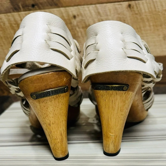 Michael Kors Studded Woven platform beige wood chunky leather weave vacation 6.5 - Picture 4 of 5